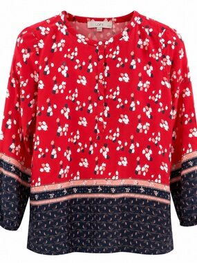 Ann Taylor Loft Petite Floral Border Print Button Blouse In Red & Navy Size SP